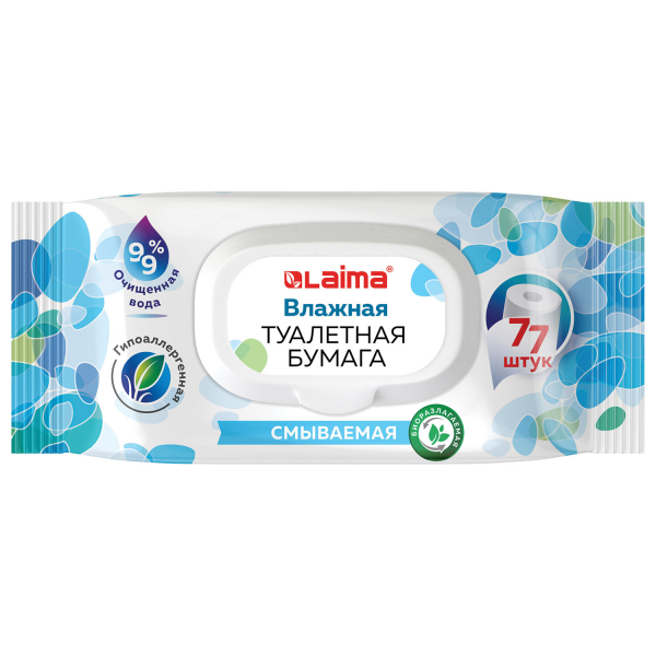 Бумага туалетная влажная 77 шт, БИОРАЗЛАГАЕМАЯ, смываемая, с пластиковым клапаном, LAIMA, 115224