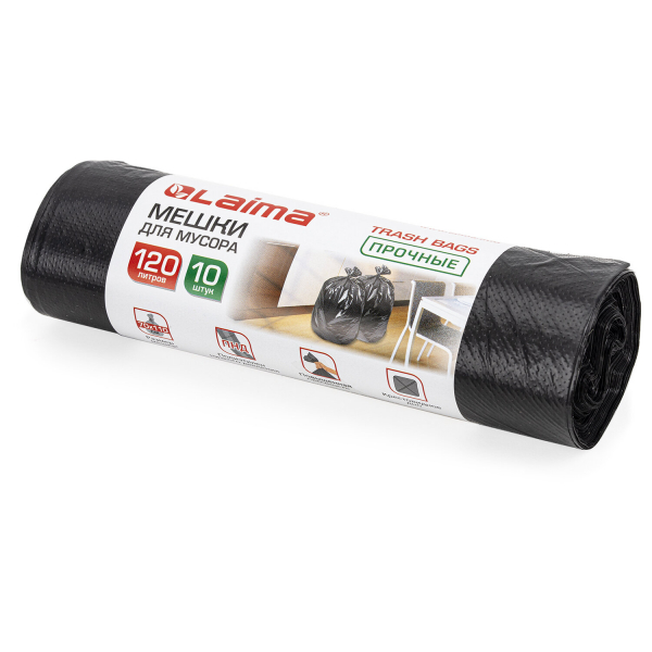 Мешки для мусора 120 л, черные, в рулоне 10 шт, прочные, ПНД 18 мкм, 70x110 см, LAIMA, 601386
