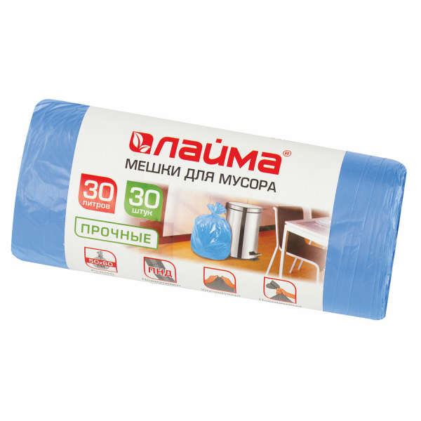 Мешки для мусора 30 л синие в рулоне 30 шт прочные, ПНД 10 мкм, 50x60 см, LAIMA, 601378