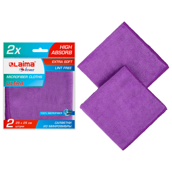 Салфетка из микрофибры универсальная 25x25 см, комплект 2 шт, MULTI FIBER ULTRA, 280 г/м2, LAIMA, 607789