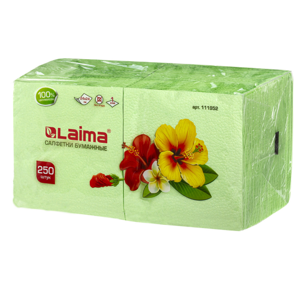 Салфетки бумажные, 250 шт, 24x24 см, LAIMA, зеленые (пастельный цвет), 100% целлюлоза, 111952