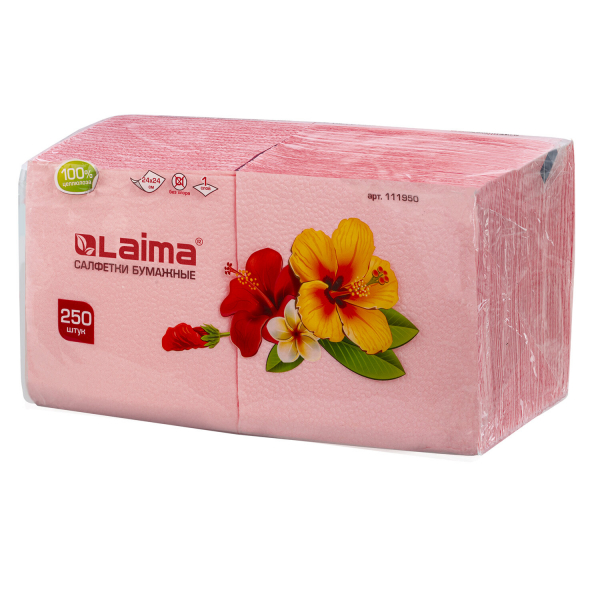 Салфетки бумажные, 250 штук, 24x24 см, LAIMA, красные (пастельный цвет), 100% целлюлоза, 111950