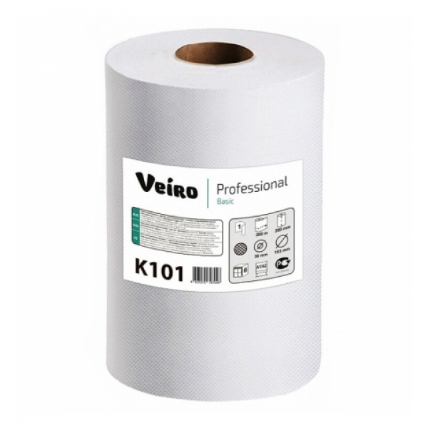 Бумажные полотенца Veiro Professional Basic K101 в рулоне, 180м, 1 слой, белые, 6 рулонов, арт.16733