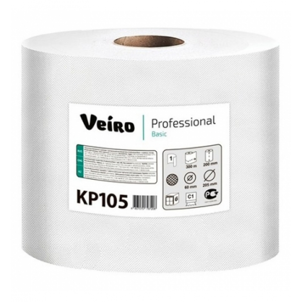 Бумажные полотенца Veiro Professional Basic KP105 в рулоне, 300м, 1 слой, белые, 6 рулонов, арт.1673