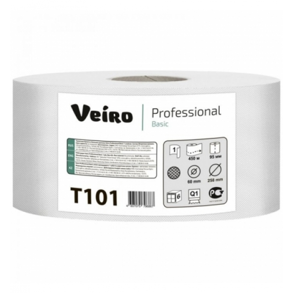 Туалетная бумага Veiro Professional Basic T101, в рулоне, 450м, 1 слой, белая, арт.1874602